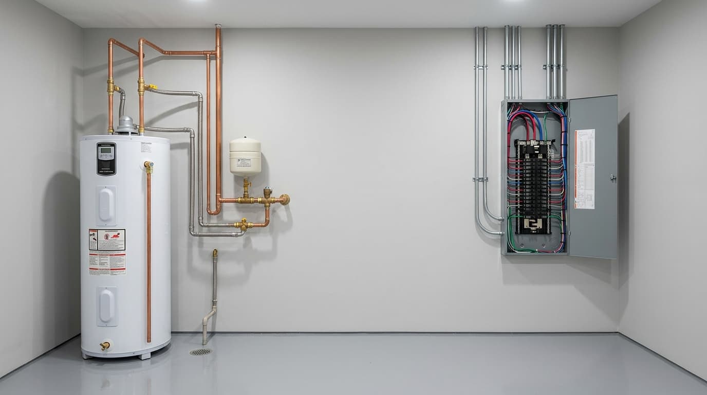 Plumbing & Electrical — Fixture, water heater, faucet, lighting, and panel upgrade costs.