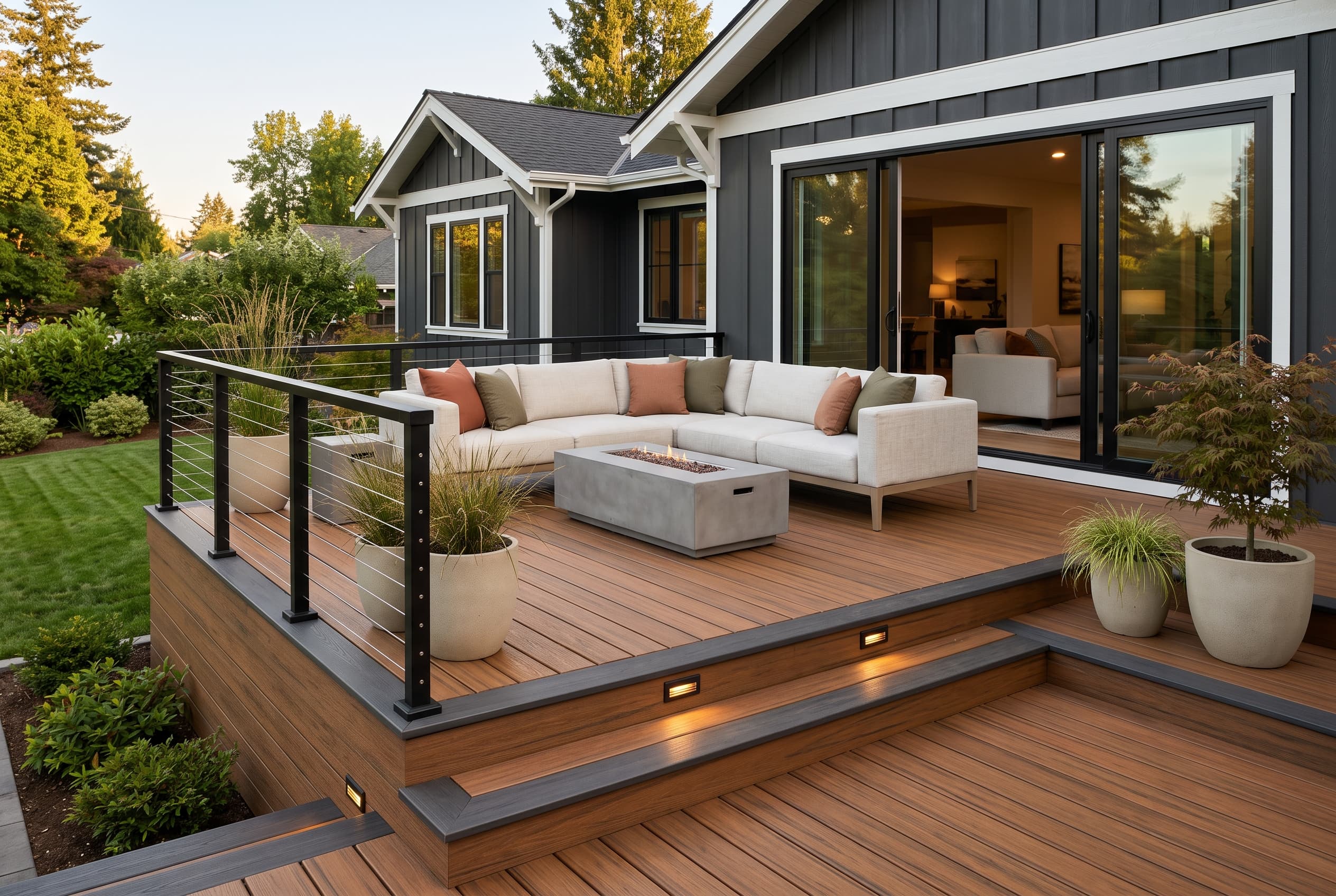 A finished wood-and-composite backyard deck with railings in warm afternoon light