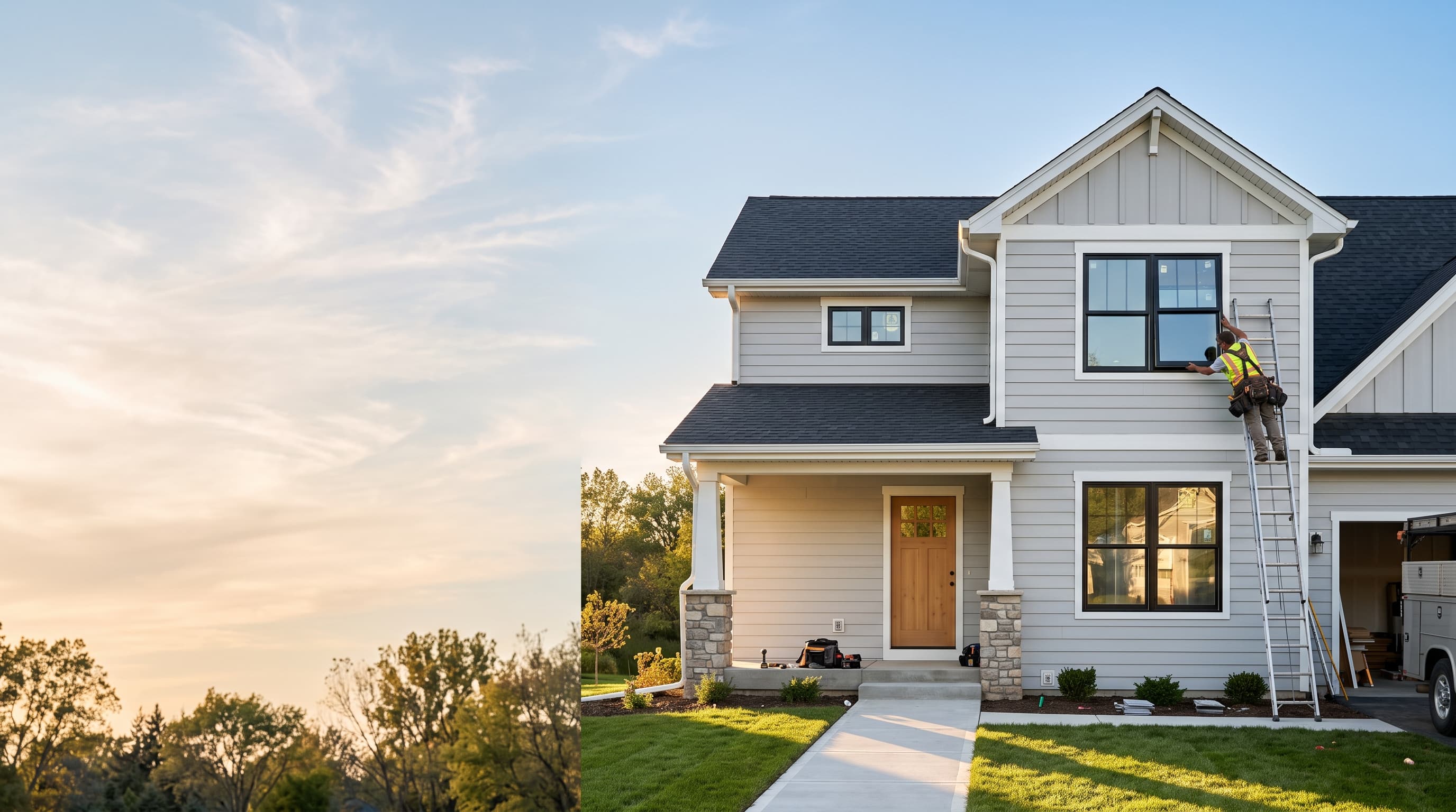 A modern American home being professionally renovated with new windows and fresh siding in golden daylight